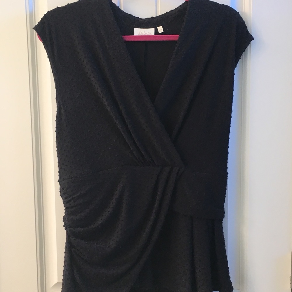 Anthropologie Black Textured Surplice Cap-Sleeve Top